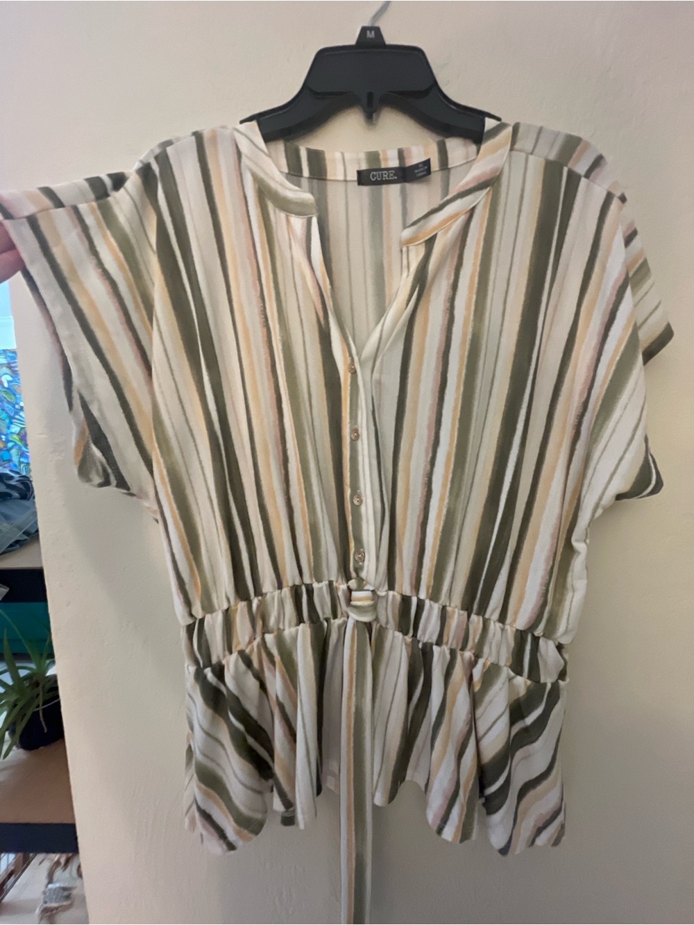 Curē Striped Drawstring Peplum Blouse in Olive & Cream